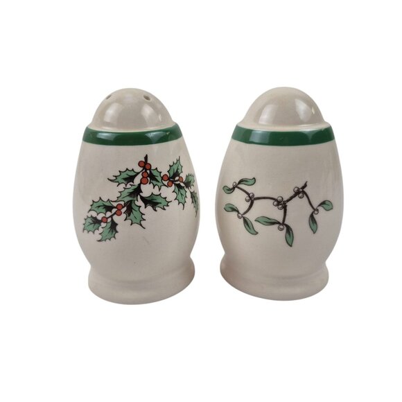 Spode Christmas Tree Salt And Pepper Shakers Wide Green Band England Vintage Wit - Picture 1 of 11